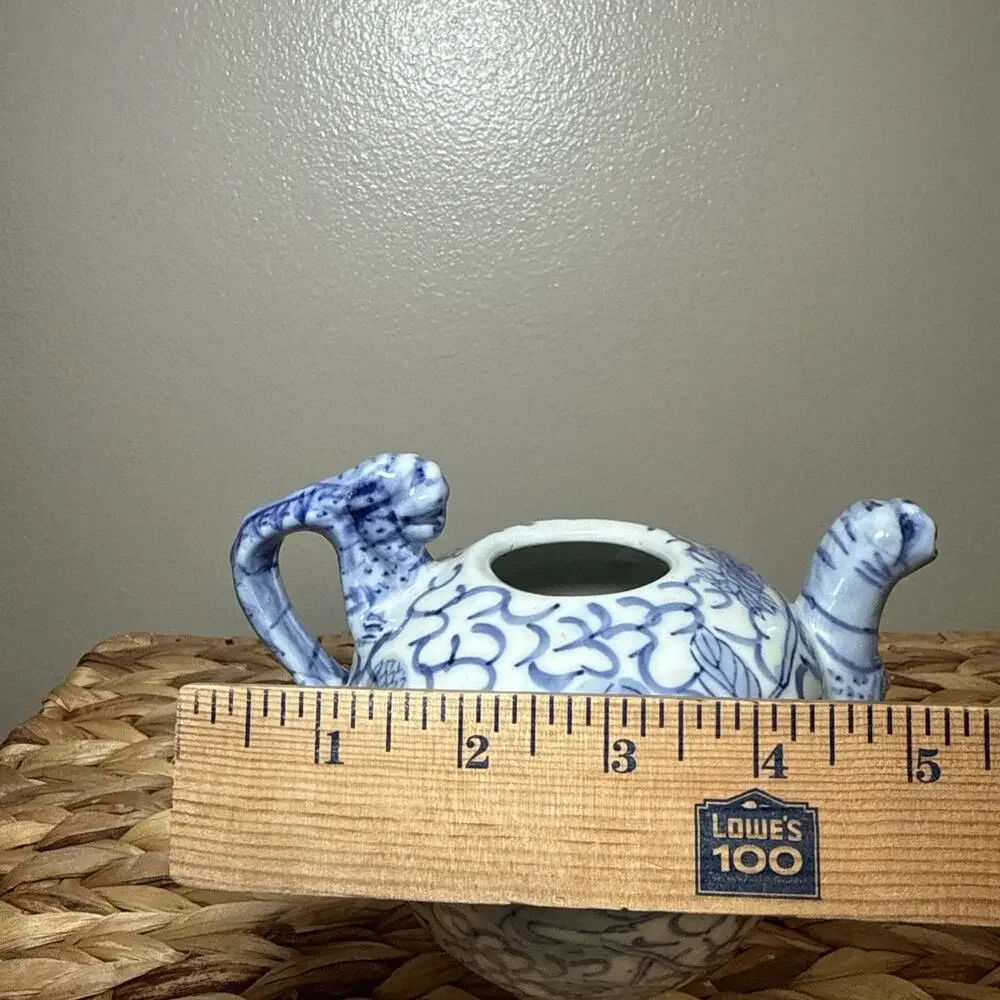 Vintage Chinese Blue White Porcelain Teapot Fish Motif Dragon Handle No Lid
